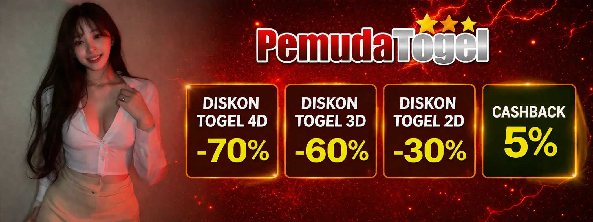 Banner PEMUDATOGEL: diskon togel 4D 70%, 3D 60%, 2D 30%, cashback 5%